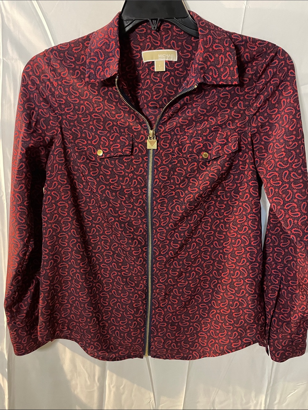 MICHAEL Michael Kors Burgundy and Black Paisley Zip-Front blouse
